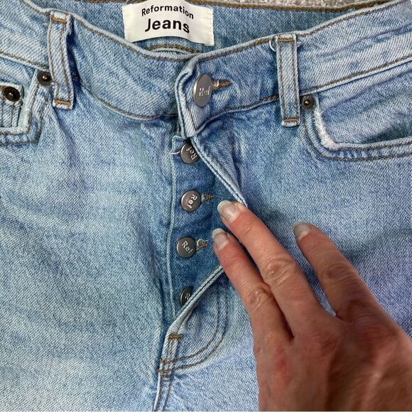 Reformation Serena Jeans Women’s 23 Blue High Rise Skinny Button Fly Ripped - Picture 4 of 15